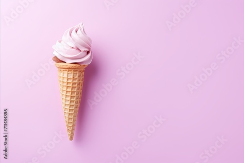 Sweet Waffle Cone with Macaron on Pink Background - Top View Flat Lay Composition