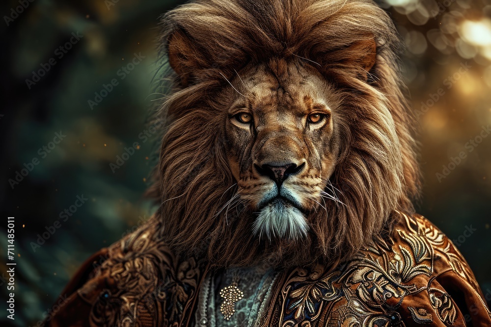 Lion An animal in Renaissance clothes, in a baroque suit, a close-up portrait of a past era, fashionable vintage retro style