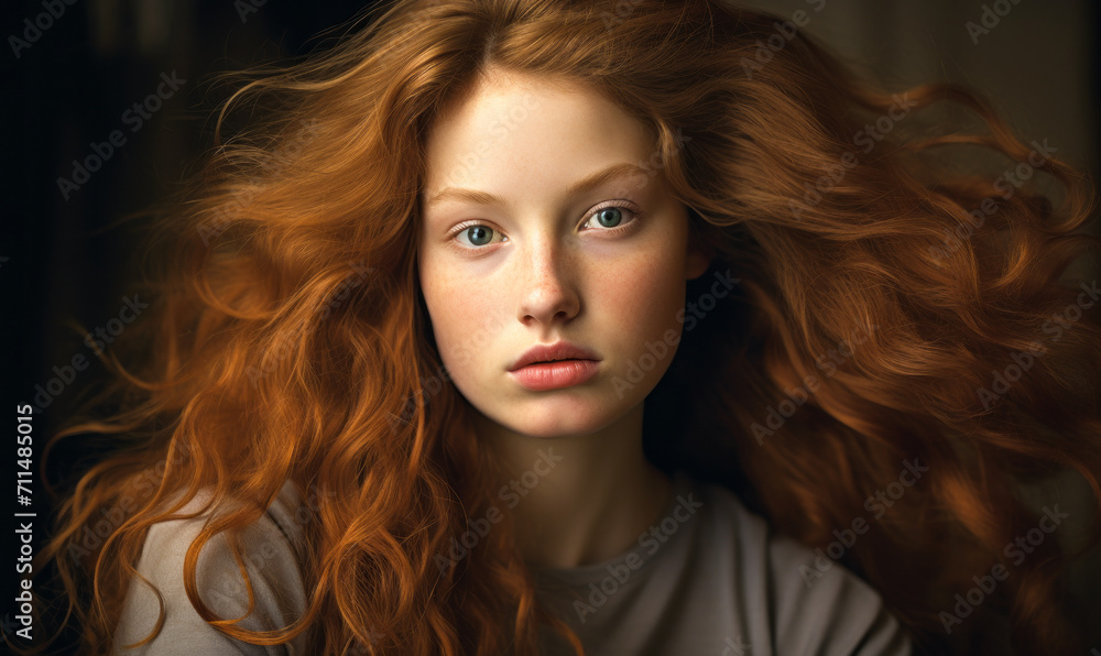 Portrait of a serene young woman with voluminous flowing auburn hair, embodying natural beauty and timeless elegance Portrait of a serene young woman with voluminous flowing auburn hair, embodying natural beauty and timeless elegance
