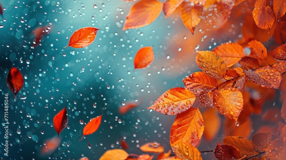 Beautiful colorful original background images of autumn rainy nature with orange leaves for creative work, wallpaper.    