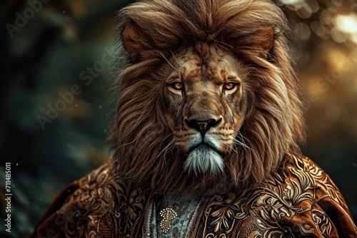 Lion An animal in Renaissance clothes  in a baroque suit  a close-up portrait of a past era  fashionable vintage retro style