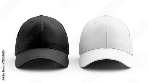 Baseball cap white and black templates, front views isolated on white background. Mock up.     photo