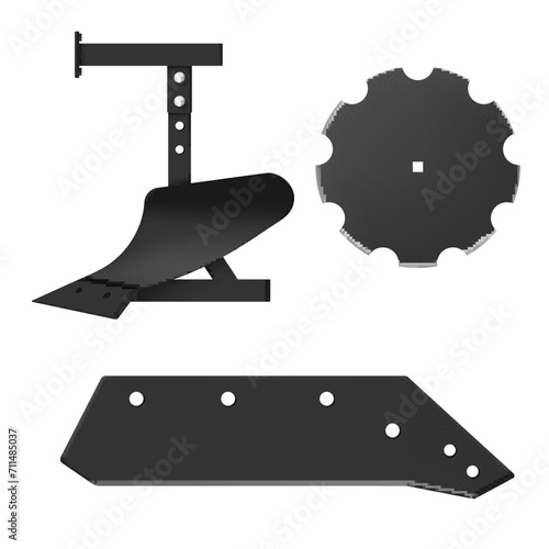 Spare parts components for agricultural plow machinery equipment for tillage set realistic vector
