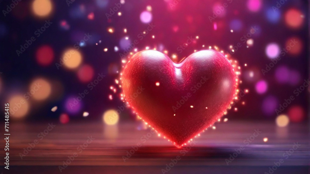 Shiny red heart on the colorful background with bokeh lights, Valentine's day, party background	