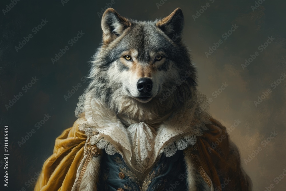 Wolf An animal in Renaissance clothes, in a baroque suit, a close-up portrait of a past era, fashionable vintage retro style