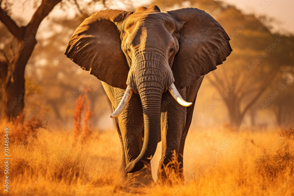 Majestic Creature of the Savannah: Bull Elephant with Impressive Tusks