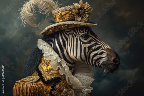 Zebra An animal in Renaissance clothes, in a baroque suit, a close-up portrait of a past era, fashionable vintage retro style