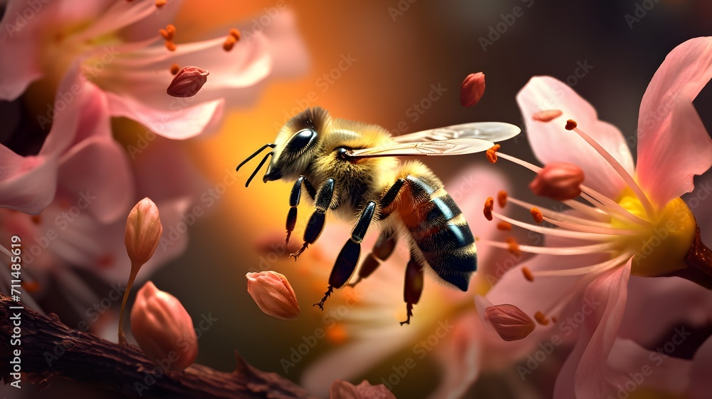a bee collects pollen from flowers in the garden - obrazy, fototapety, plakaty 