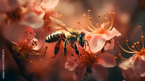 a bee collects pollen from flowers in the garden
