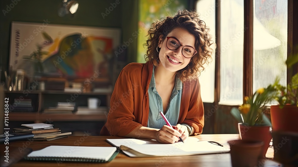 A young woman smiles brightly, writing in a notebook at a sunny workspace.