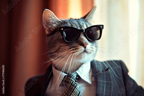 Coole Katze mit Sonnenbrille als Chef im Büro. Kater im Anzug mit Krawatte am Schreibtisch bei der Arbeit. Katze als Führungsperson. 