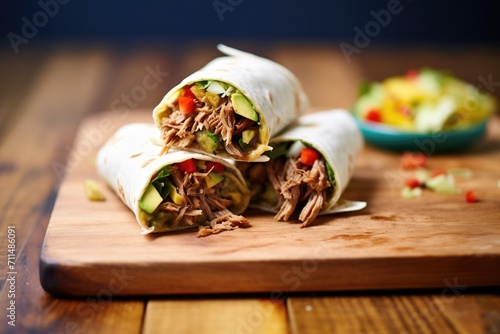 row of pulled pork burritos on a wooden board