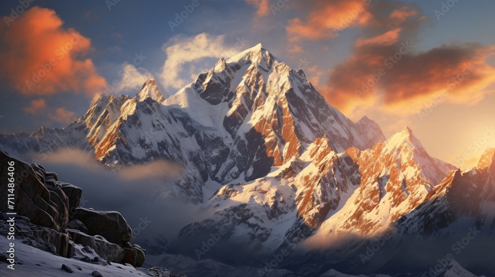 An ultra-realistic mountain panorama showcasing snow-capped peaks, the morning sun casting warm hues on rocky cliffs - Generative AI An ultra-realistic mountain panorama showcasing snow-capped peaks, the morning sun casting warm hues on rocky cliffs - Generative AI