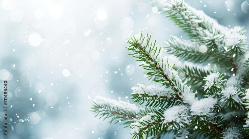 Christmas background Embrace the holiday spirit with a charming Christmas background featuring a snowy, evergreen branch in the crisp white of winter.    