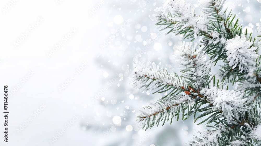 Christmas background Embrace the holiday spirit with a charming Christmas background featuring a snowy, evergreen branch in the crisp white of winter.    