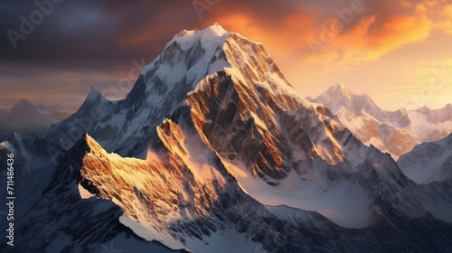 An ultra-realistic mountain panorama showcasing snow-capped peaks, the morning sun casting warm hues on rocky cliffs - Generative AI © Huzaifa