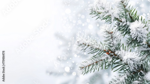 Christmas background Embrace the holiday spirit with a charming Christmas background featuring a snowy  evergreen branch in the crisp white of winter.    