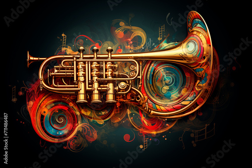 Trumpet fantasy musical instrument illustration decorated  black background card for music event