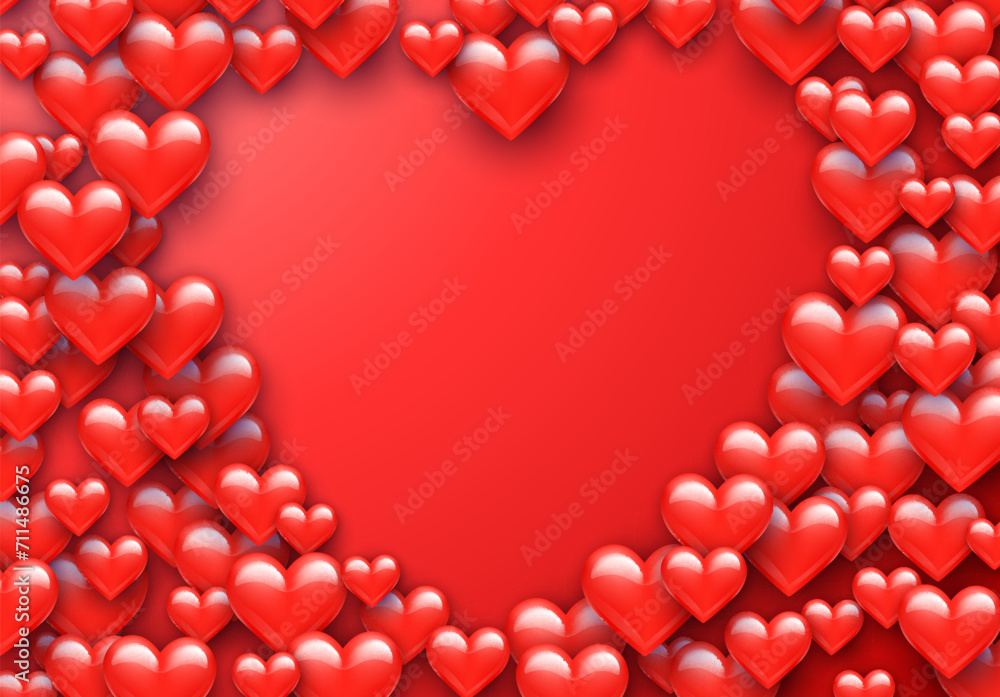 Valentine's Day greeting card with red hearts flying scattered over background. Symbol of love and spring, sprayed