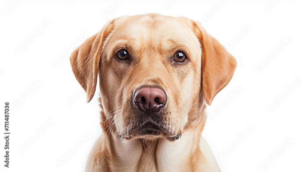 Highlight the regal and friendly demeanor of a Labrador Retriever against a white background, showcasing the breed's versatility and charm, Labrador retriever dog portrait on white background.
