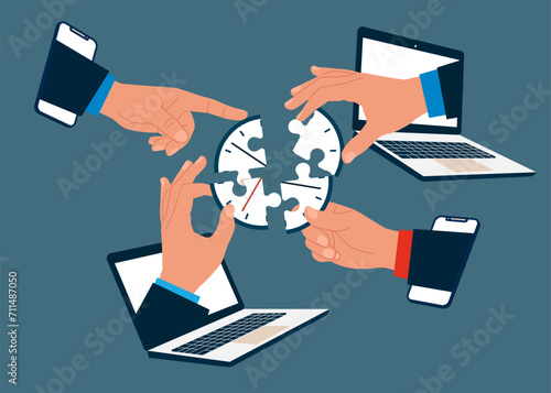 Internet online connecting puzzle elements time clock. Manage time for rush. Flat vector illustration