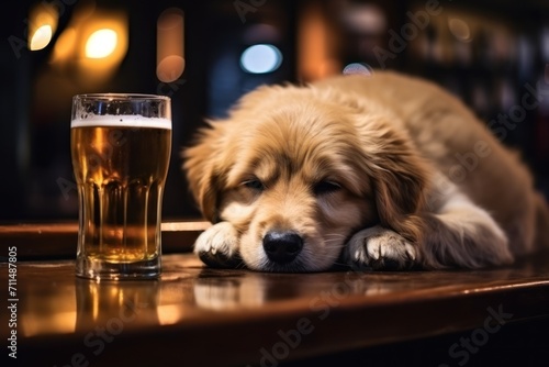 Drinking dog with a glass of beer.