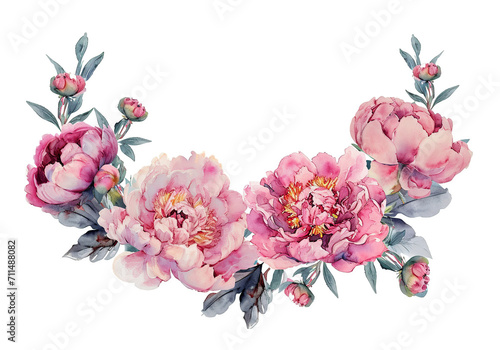 Watercolor border with pink flowers peonies. Spring composition isolated on white background