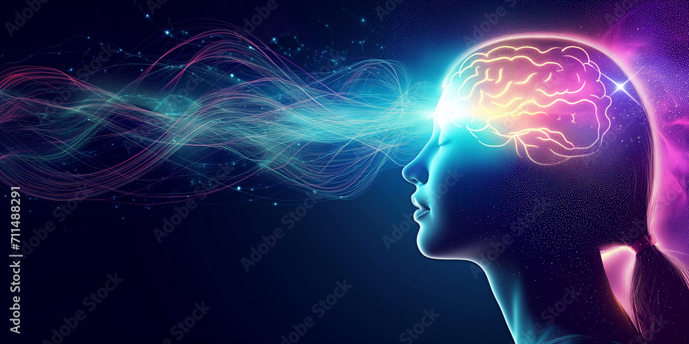 Conceptual abstraction of brain neurons. Insight concept. Portrait with selective focus and copy space. Combination of a women silhouette and abstraction on the topic of digital technologies.