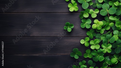 Empty wooden table and green clover Saint Patrick's Day background photo