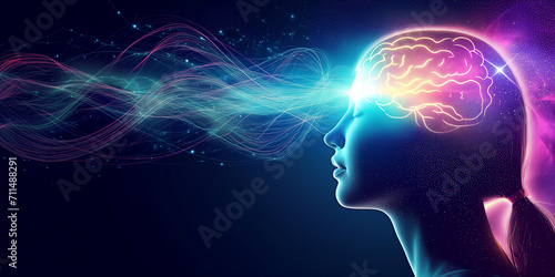 Conceptual abstraction of brain neurons. Insight concept. Portrait with selective focus and copy space. Combination of a women silhouette and abstraction on the topic of digital technologies.
