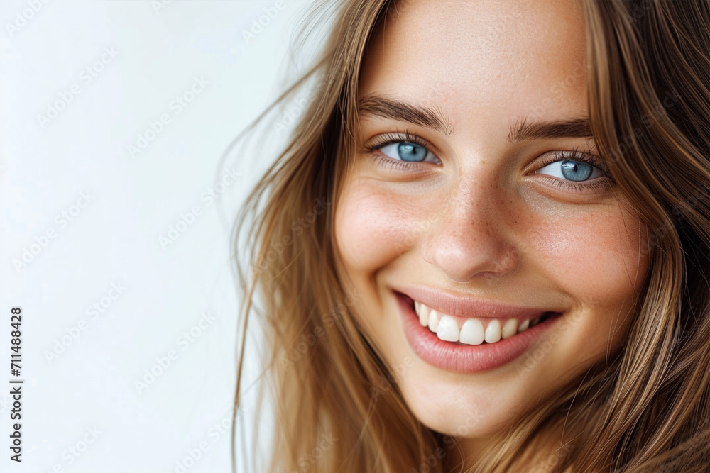 Portrait of a smiling girl on a white background, ai technology Portrait of a smiling girl on a white background, ai technology