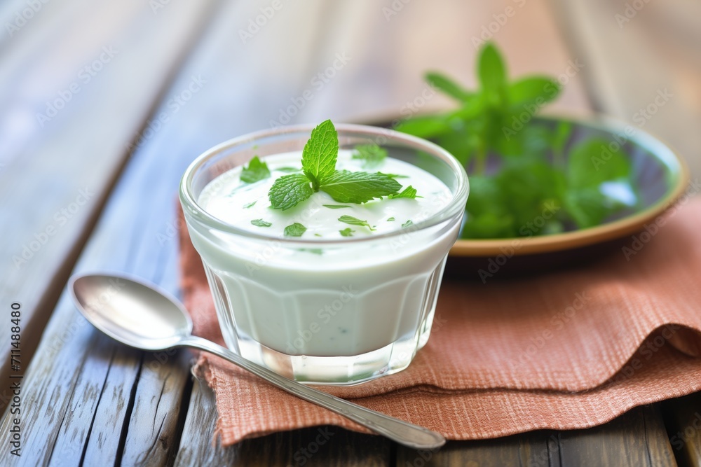 plain yogurt raita with a mint leaf on a wooden table plain yogurt raita with a mint leaf on a wooden table