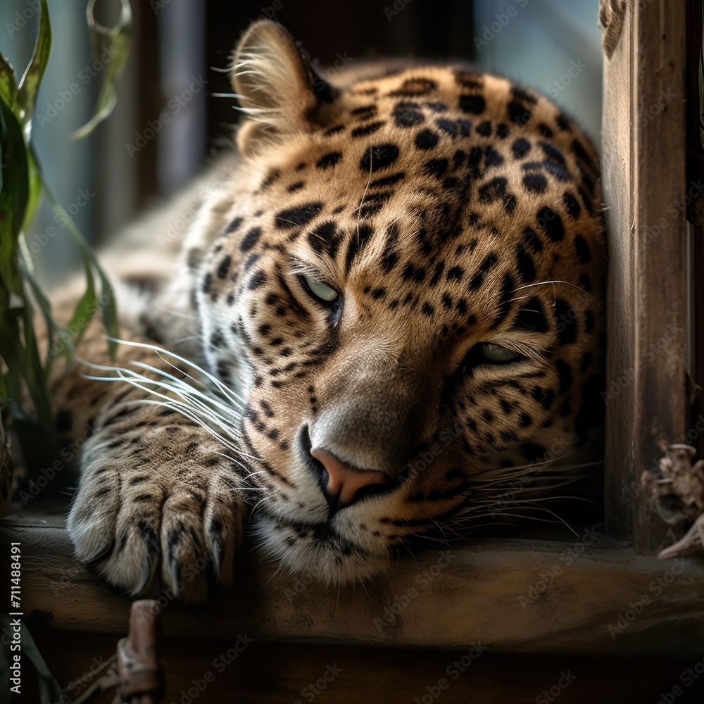 Obraz premium Sad homeless leopard dreaming about home.