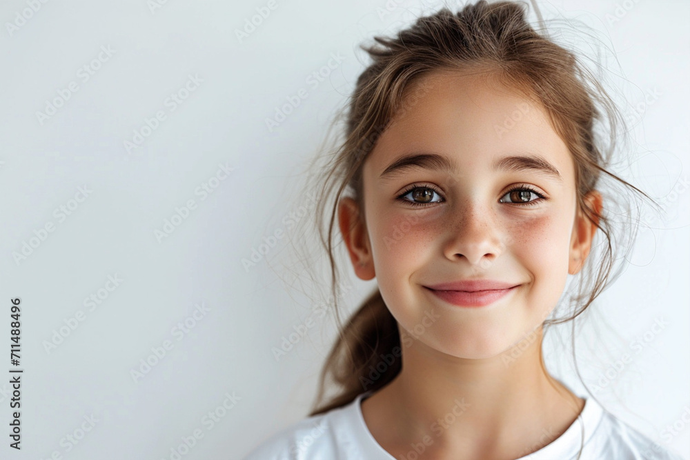 Portrait of a smiling girl on a white background, ai technology Portrait of a smiling girl on a white background, ai technology