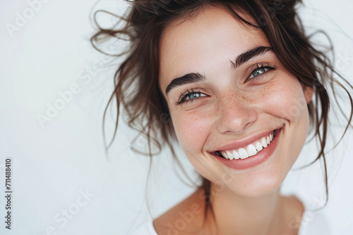 Portrait of a smiling girl on a white background, ai technology