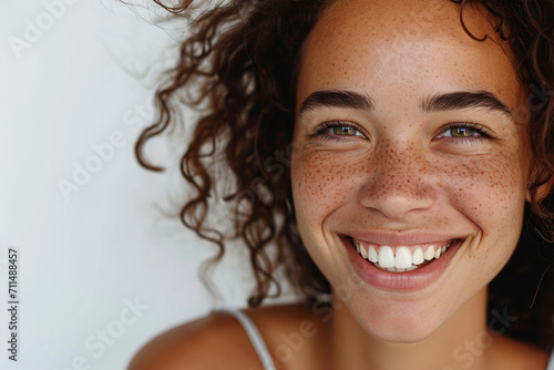 Portrait of a smiling girl on a white background, ai technology
