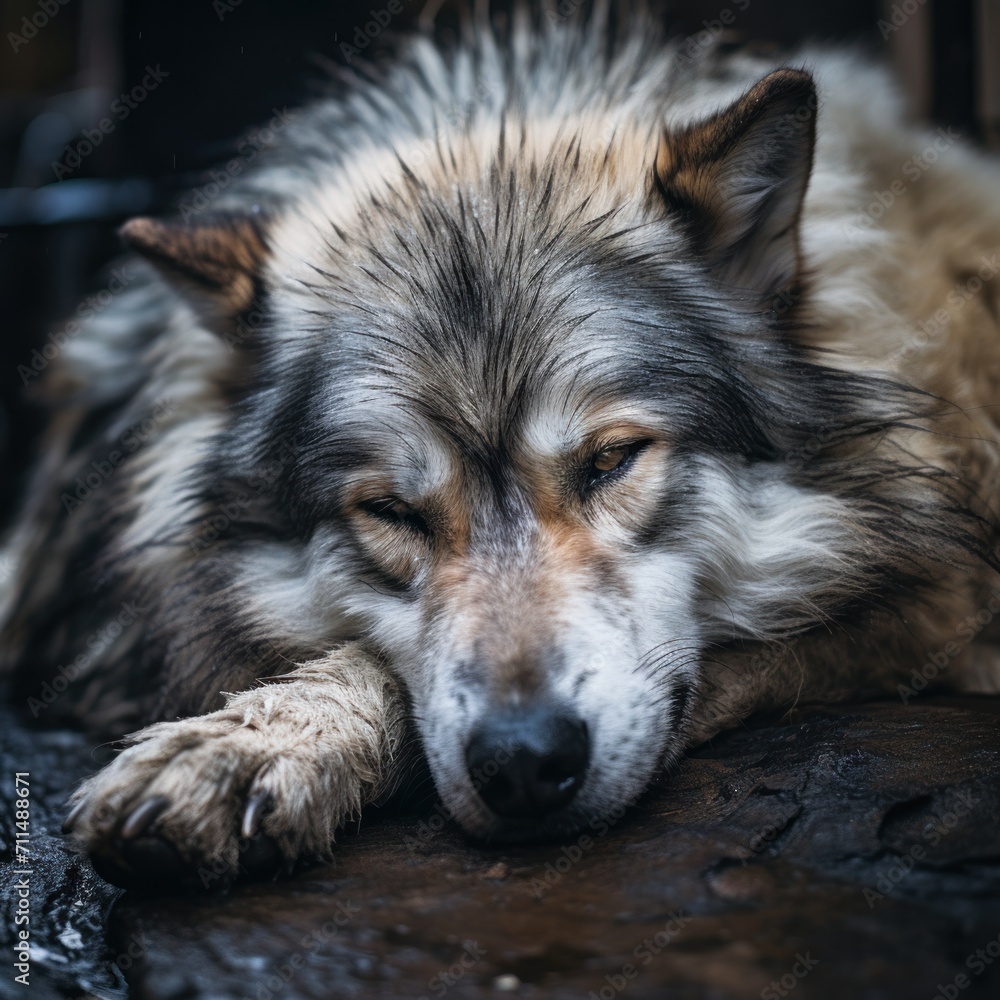 Fototapeta premium Sad homeless wolf dreaming about home.