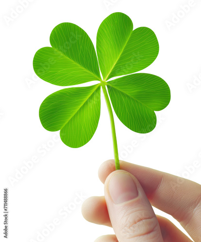 Hand holding a vibrant four-leaf clover against a white background