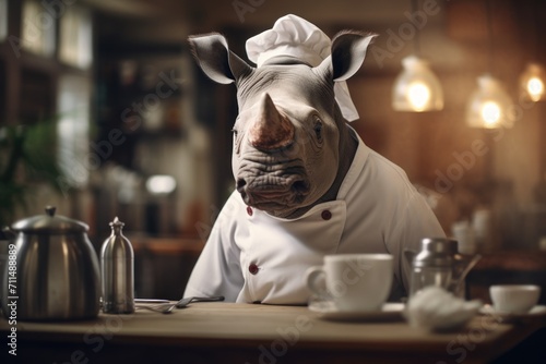 Rhinoceros as a chef cook in a restaurant kitchen. © vlntn