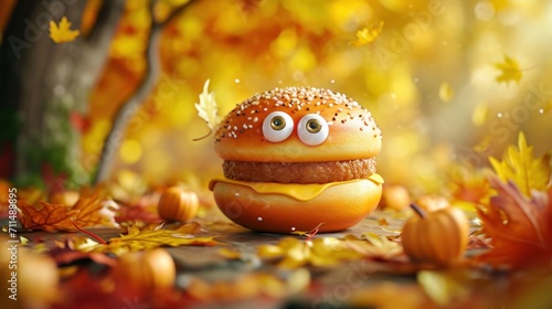 Cute Jelly donut with eyes. Funny creature with cheeseburger on background of autumn farm. Farm to Table Burgers concept. Header for website, advert 