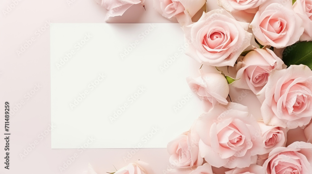 Blank paper card and pink rose flowers background. Holiday Valentine Easter greetings