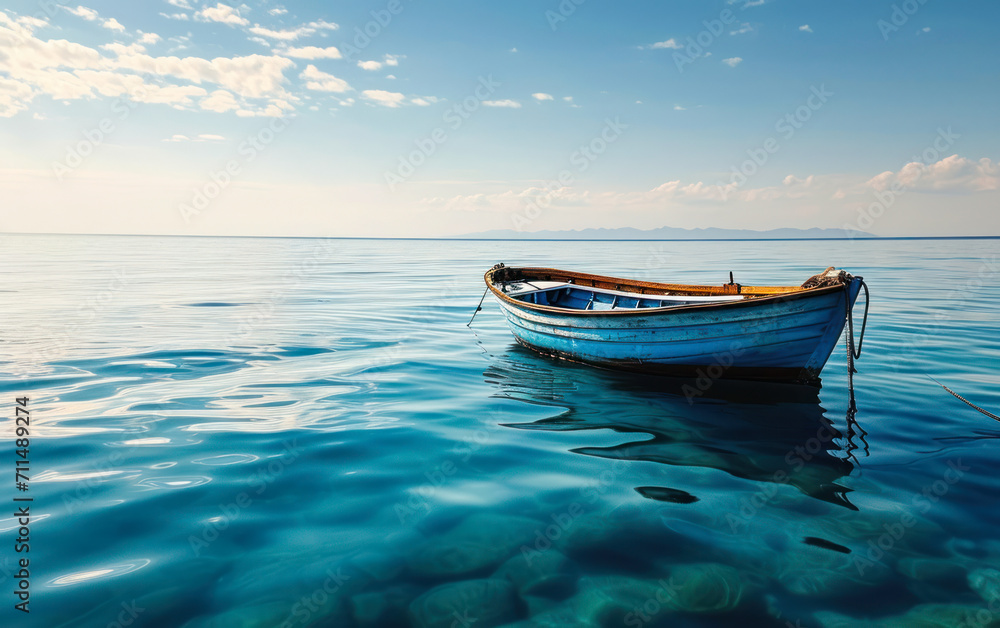 Solitary blue wooden boat floating on calm ocean waters under clear skies, representing solitude, peace, and the vastness of the sea