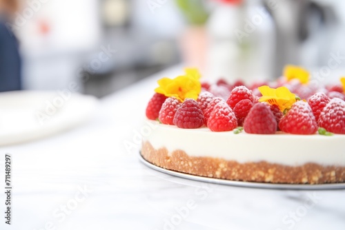 close-up of raspberries topping on creamy cheesecake texture