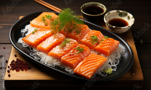 Fresh Sashimi-Style Salmon Slices Served on a Black Plate with Garnish and Soy Sauce on a Wooden Table, Traditional Japanese Cuisine for Gourmet Seafood Lovers