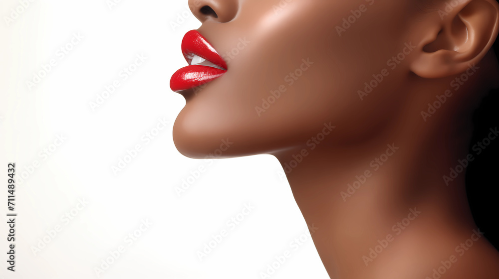 Closeup side view image of young African American female model with red lipstick beauty clinic concept image for lip filler and lip injection. Model with perfect plump Lips. - obrazy, fototapety, plakaty 