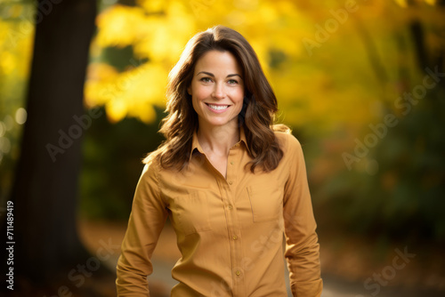 A vibrant woman in a teal button-down shirt, smiling as she enjoys a warm autumn day in a park, surrounded by golden leaves and a soft setting sun