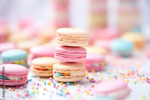 multicolored macarons with focus on raspberry flavor in front