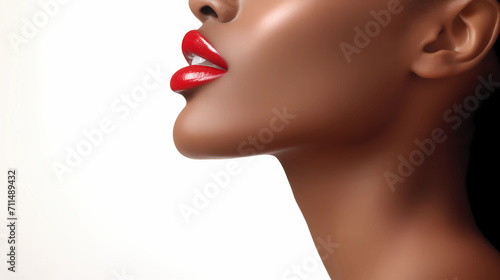 Closeup side view image of young African American female model with red lipstick beauty clinic concept image for lip filler and lip injection. Model with perfect plump Lips. photo