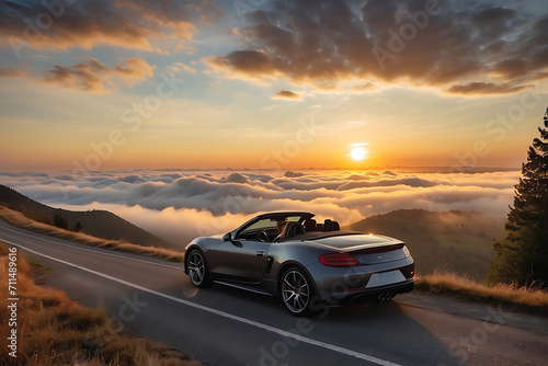 car on the road in the mountains at sunset with clouds in the sky