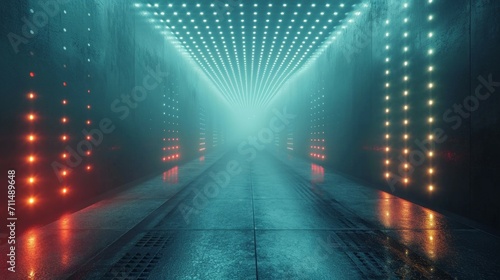 Fototapeta Naklejka Na Ścianę i Meble -  blue neon abstract background, ultraviolet light, night club empty room interior, tunnel or corridor, glowing panels, fashion podium, performance stage decorations,